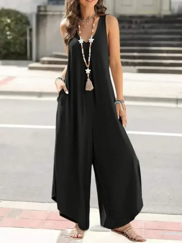 Women's Sleeveless Round Neck Pocketed Loose Long Viscose Jumpsuit - 2