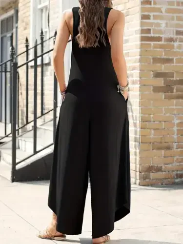 Women's Sleeveless Round Neck Pocketed Loose Long Viscose Jumpsuit - 3