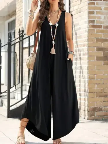 Women's Sleeveless Round Neck Pocketed Loose Long Viscose Jumpsuit - 4