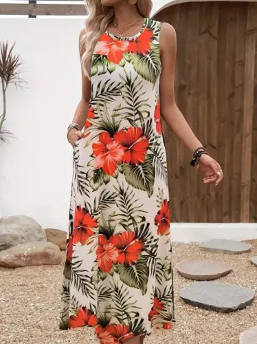 Women's Sleeveless Round Neck Pocketed Patterned Süprem Dress - 1