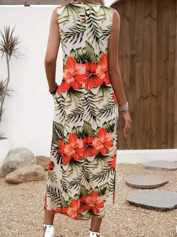 Women's Sleeveless Round Neck Pocketed Patterned Süprem Dress - 2