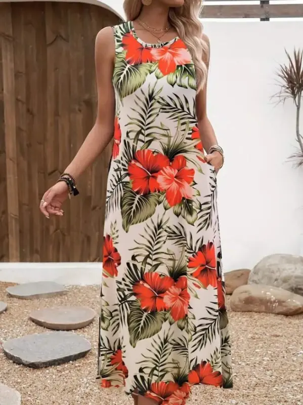 Women's Sleeveless Round Neck Pocketed Patterned Süprem Dress - 3