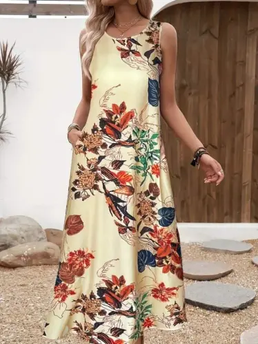 Women's Sleeveless Round Neck Pocketed Patterned Supreme Dress - 1