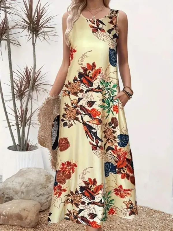 Women's Sleeveless Round Neck Pocketed Patterned Supreme Dress - 2