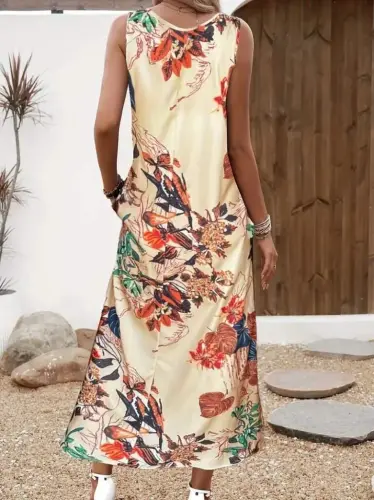 Women's Sleeveless Round Neck Pocketed Patterned Supreme Dress - 3