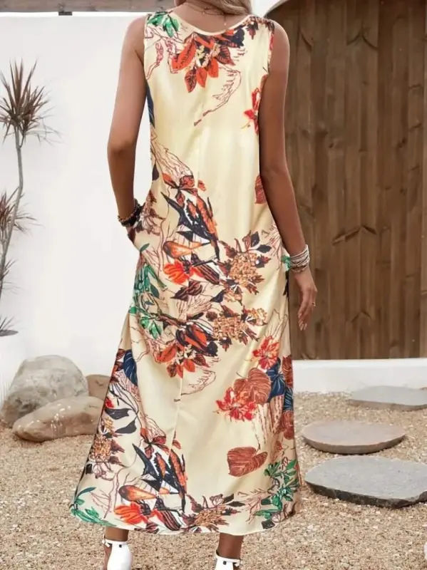 Women's Sleeveless Round Neck Pocketed Patterned Supreme Dress - 3