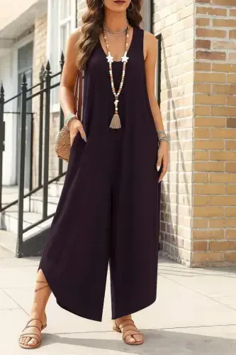 Women's Sleeveless Round Neck Pocketed Relaxed Fit Long Viscose Jumpsuit - 1