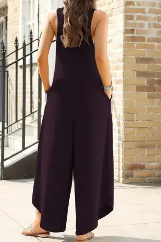 Women's Sleeveless Round Neck Pocketed Relaxed Fit Long Viscose Jumpsuit - 3