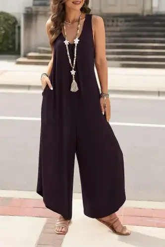 Women's Sleeveless Round Neck Pocketed Relaxed Fit Long Viscose Jumpsuit - 4