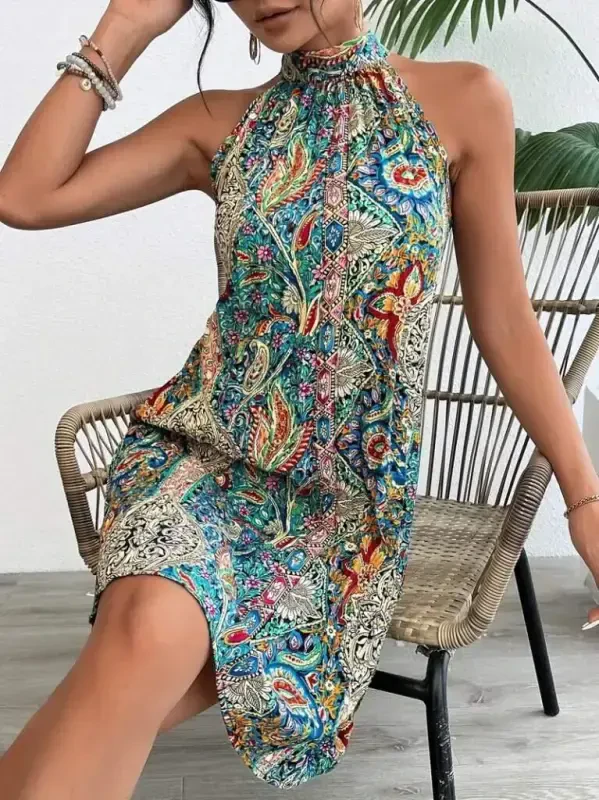 Women's Sleeveless Round Neck Strappy Patterned Midi Supplex Dress - BÜYÜKBEDENIZ