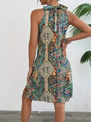 Women's Sleeveless Round Neck Strappy Patterned Midi Supplex Dress - 4