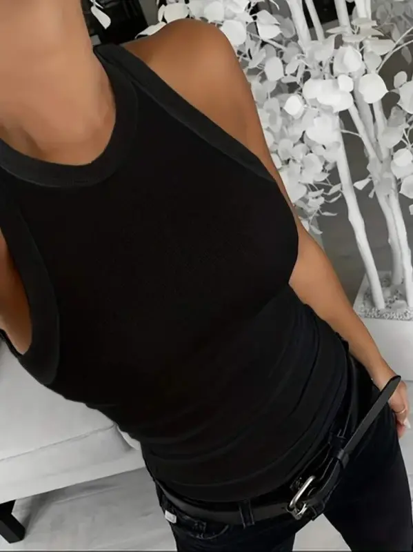 Women's Sleeveless Round Neck Thick Ribbed Fleece Lined Rib Knit Blouse - 2