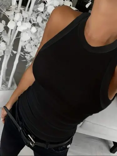 Women's Sleeveless Round Neck Thick Ribbed Fleece Lined Rib Knit Blouse - 4
