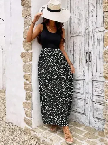 Women's Sleeveless Round Neck Top Viscose Bottom Patterned Crinkle Dress - BÜYÜKBEDENIZ (1)