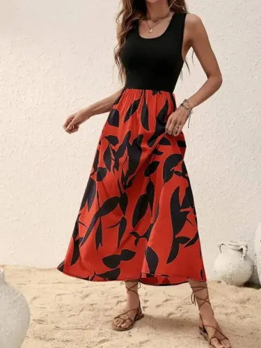 Women's Sleeveless Round Neck Top Viscose Bottom Patterned Long Süprem Dress - 3