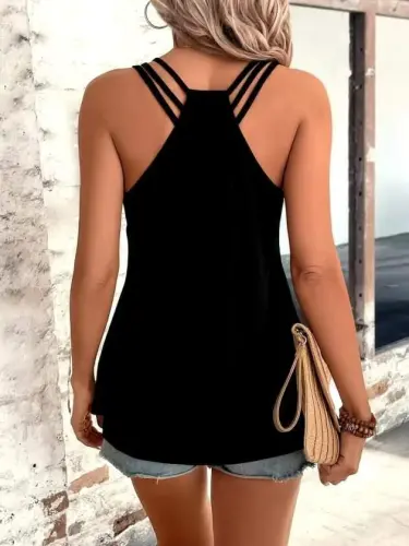 Women's Sleeveless Round Neck Viscose Blouse with Striped Back Detail - 4