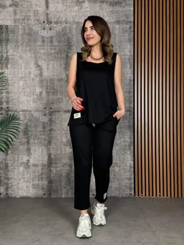 Women's Sleeveless Round Neck Viscose Double Yarn Blouse and Sweatpants Two-Piece Set - 1