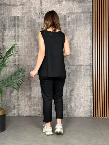 Women's Sleeveless Round Neck Viscose Double Yarn Blouse and Sweatpants Two-Piece Set - 3