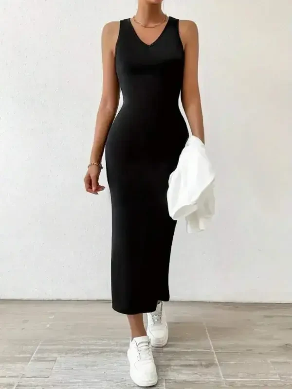 Women's Sleeveless Round Neck Viscose Two Thread Dress and V-Neck Blouse Set - 3