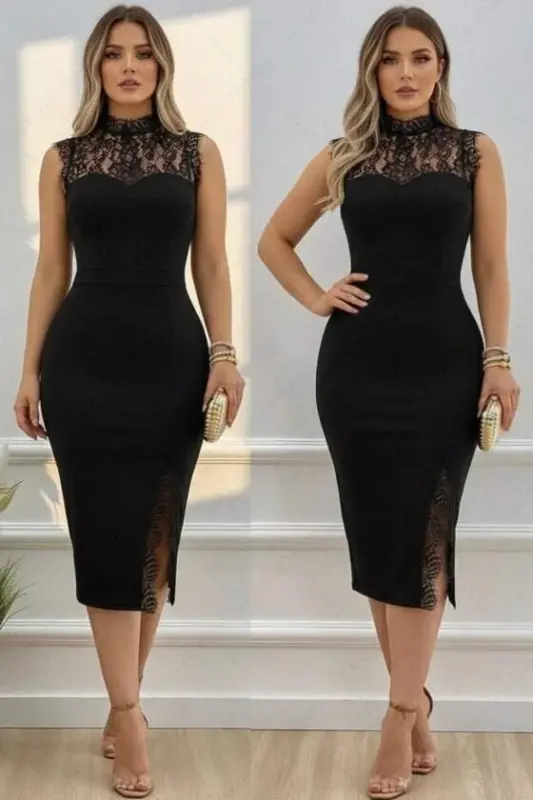 Women's Sleeveless Semi Turtleneck Lace Detailed Slit Midi Shimmer Crepe Dress - 3