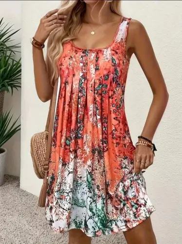 Women's Sleeveless Square Neck Front Pleated Loose Süprem Dress - 1