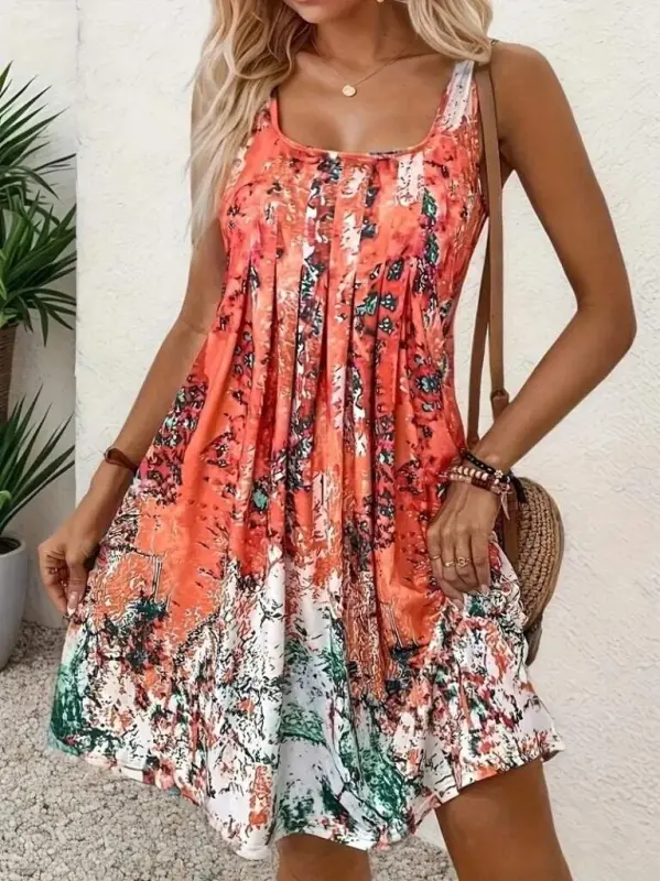 Women's Sleeveless Square Neck Front Pleated Loose Süprem Dress - 3