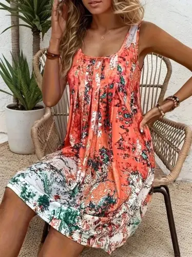 Women's Sleeveless Square Neck Front Pleated Loose Süprem Dress - 5