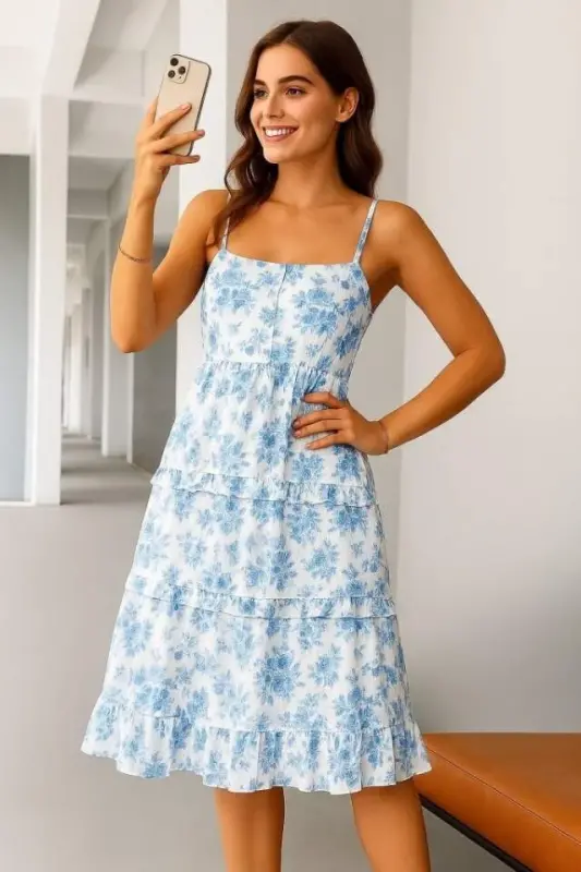 Women's Sleeveless Strappy Low-Cut Slit Detail Floral Print Supima Midi Dress - BÜYÜKBEDENIZ