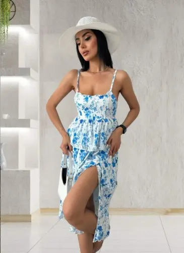 Women's Sleeveless Strappy Low-Cut Slit Detail Floral Print Supima Midi Dress - BÜYÜKBEDENIZ (1)