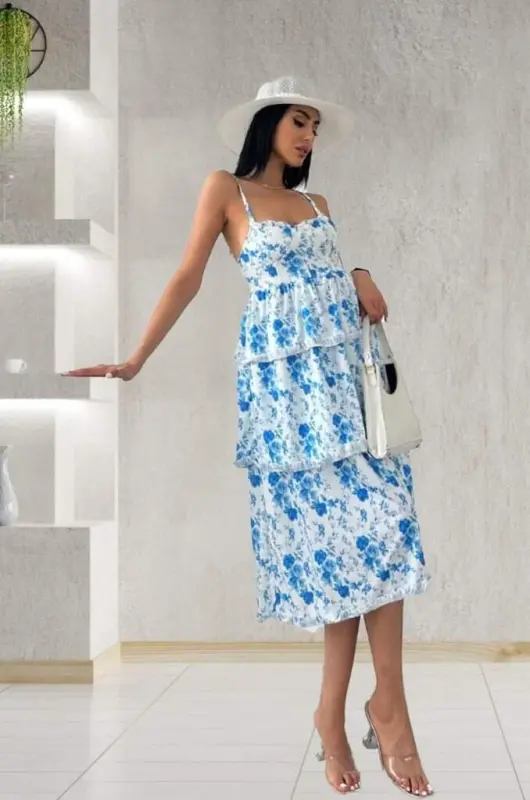 Women's Sleeveless Strappy Low-Cut Slit Detail Floral Print Supima Midi Dress - 3