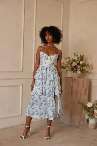 Women's Sleeveless Strappy Low-Cut Slit Detail Floral Print Supima Midi Dress - 6