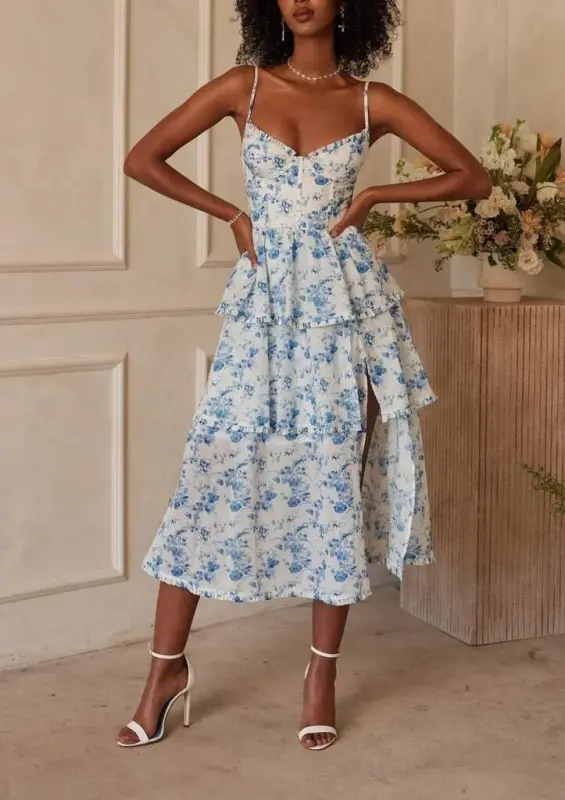 Women's Sleeveless Strappy Low-Cut Slit Detail Floral Print Supima Midi Dress - 7