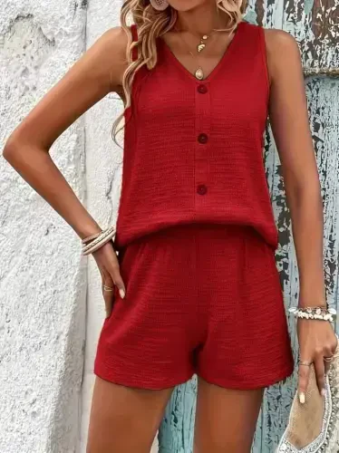 Women's Sleeveless Tank Top V Neck Button Down Crinkle Blouse And Shorts Set - 2