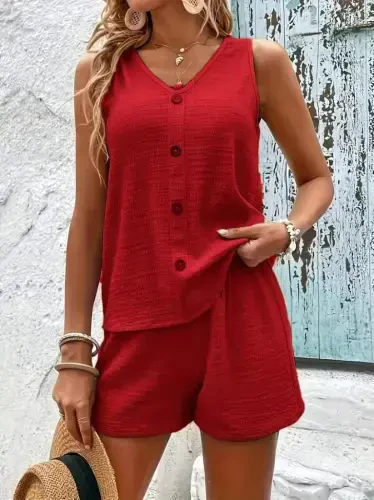 Women's Sleeveless Tank Top V Neck Button Down Crinkle Blouse And Shorts Set - 5