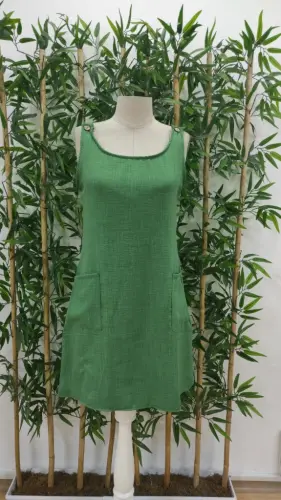 Women's Sleeveless Thick Strap Button Detail Pocket Linen Dress - 5