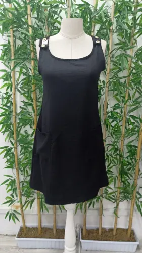 Women's Sleeveless Thick Strap Button Detail Pocket Linen Dress - 7