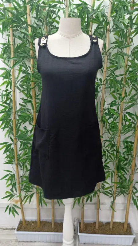 Women's Sleeveless Thick Strap Button Detail Pocket Linen Dress - 7