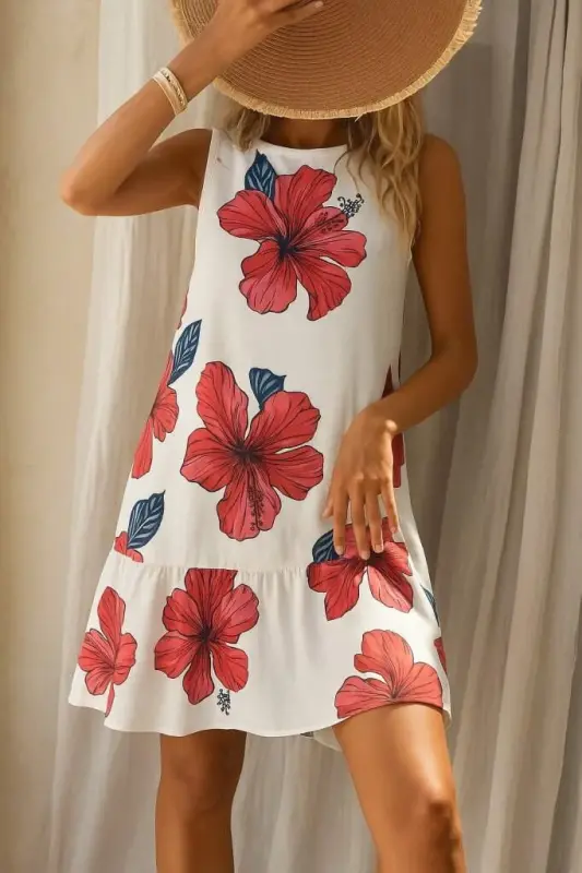 Women's Sleeveless Tie Back Ruffle Floral Patterned Supima Dress - 3