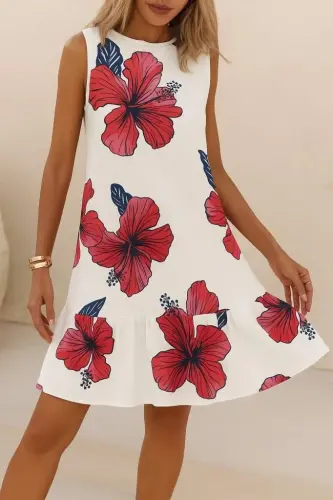 Women's Sleeveless Tie Back Ruffle Floral Patterned Supima Dress - 4