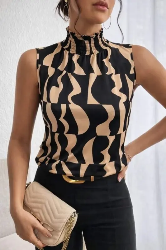 Women's Sleeveless Turtleneck Patterned Supima Blouse - 3