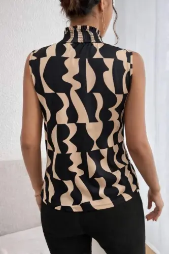 Women's Sleeveless Turtleneck Patterned Supima Blouse - 4