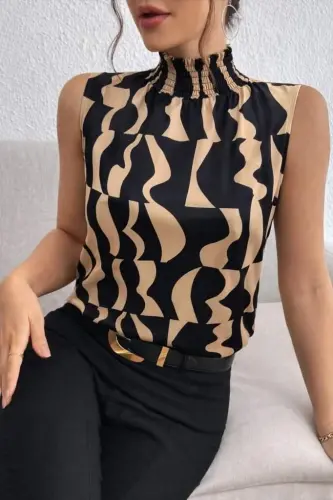 Women's Sleeveless Turtleneck Patterned Supima Blouse - 5