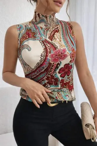 Women's Sleeveless Turtleneck Patterned Supre Blouse - BÜYÜKBEDENIZ (1)