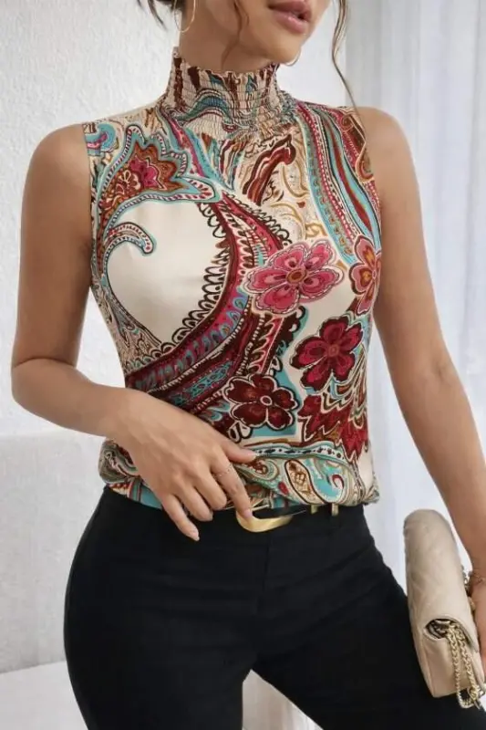 Women's Sleeveless Turtleneck Patterned Supre Blouse - 2