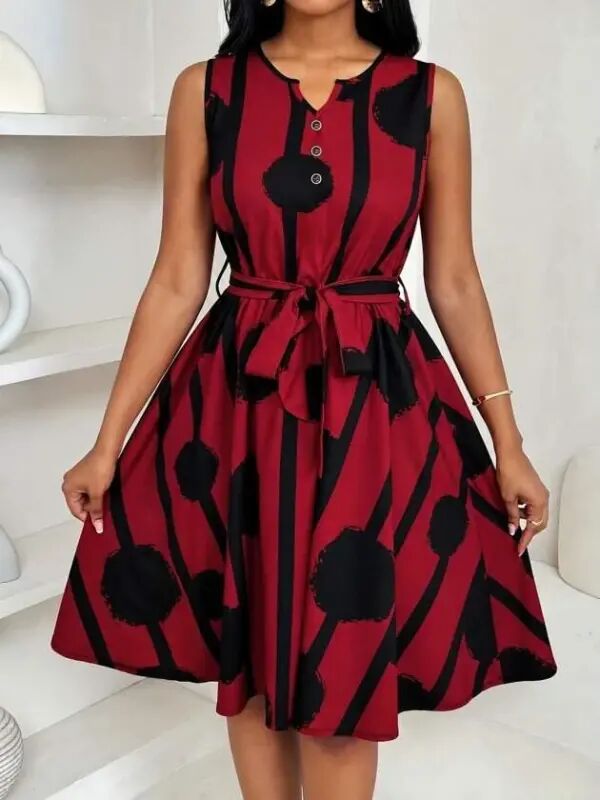 Women's Sleeveless V-Neck Belted Patterned Short Single Jersey Dress - 1