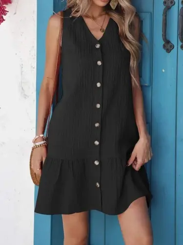 Women's Sleeveless V-Neck Button-Front Ruffled Dainty Dress - 4