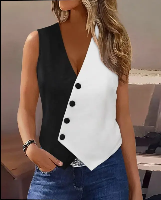 Women's Sleeveless V-Neck Buttoned Color Block Satin Vest - 4