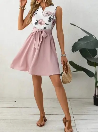 Women's Sleeveless V-Neck Floral Print Belted Scuba Dress - 1
