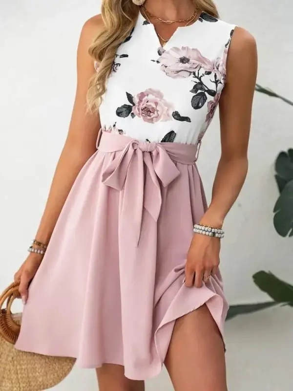 Women's Sleeveless V-Neck Floral Print Belted Scuba Dress - 4