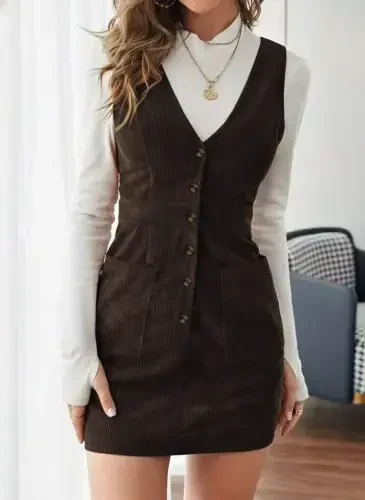 Women's Sleeveless V Neck Front Buttoned Mini Ribbed Velvet Dress - 1